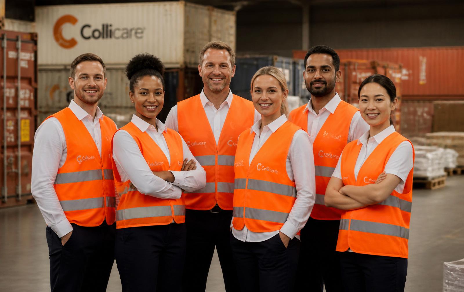 The Collicare Logistics team in orange hi-vis vests inside a warehouse